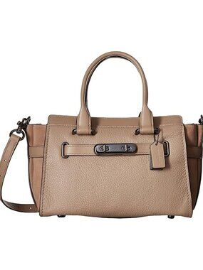 Coach Swagger 27 Dark Stone Leather Suede Handbag Shoulder Bag Beige Purse NEW